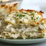 Porción de lasaña de pollo cremosa, con capas de pasta, pollo deshebrado y queso derretido, espolvoreada con perejil fresco.