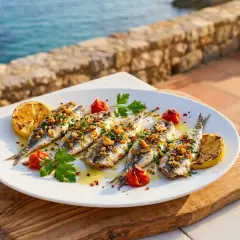 Deliciosos boquerones al horno, servidos con limón, tomates cherry y perejil, con el mar de fondo.