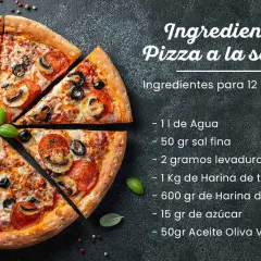 Pizza de sartén con pepperoni, champiñones y aceitunas. La imagen muestra los ingredientes para hacerla: agua, sal, levadura, harina, azúcar y aceite de oliva.