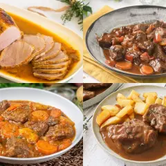 Cuatro platos de carnes italianas: asado de cerdo en salsa, estofado de ternera con zanahorias, guiso de carne con patatas y zanahorias, y medallones de ternera con patatas fritas.