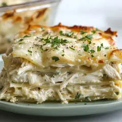 Porción de lasaña de pollo cremosa, con capas de pasta, pollo deshebrado y queso derretido, espolvoreada con perejil fresco.