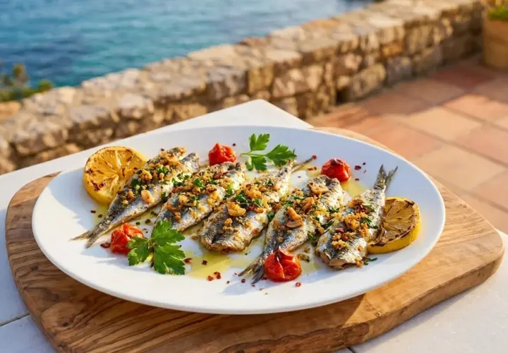Deliciosos boquerones al horno, servidos con limón, tomates cherry y perejil, con el mar de fondo.