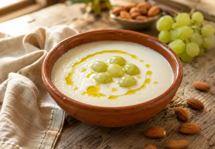 A bowl of ajoblanco malagueño, garnished with grapes and olive oil, sits on a rustic wooden table with almonds scattered around.