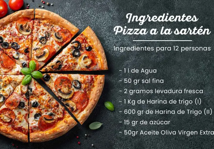 Pizza de sartén con pepperoni, champiñones y aceitunas. La imagen muestra los ingredientes para hacerla: agua, sal, levadura, harina, azúcar y aceite de oliva.