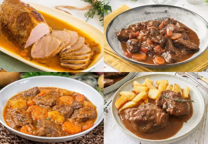 Cuatro platos de carnes italianas: asado de cerdo en salsa, estofado de ternera con zanahorias, guiso de carne con patatas y zanahorias, y medallones de ternera con patatas fritas.