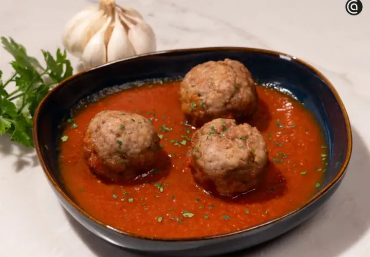 Tres albóndigas con tomate caseras, adornadas con perejil picado, junto a un ajo y perejil fresco.