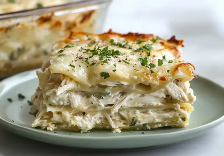 Porción de lasaña de pollo cremosa, con capas de pasta, pollo deshebrado y queso derretido, espolvoreada con perejil fresco.