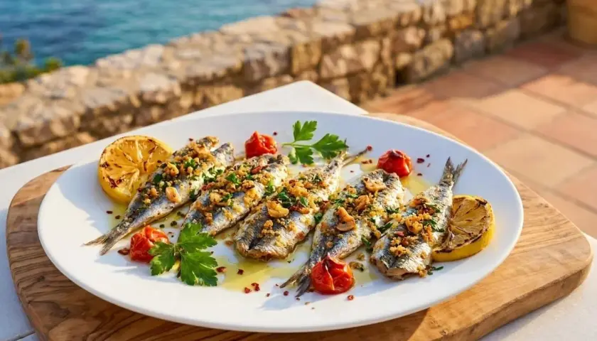 Deliciosos boquerones al horno, servidos con limón, tomates cherry y perejil, con el mar de fondo.