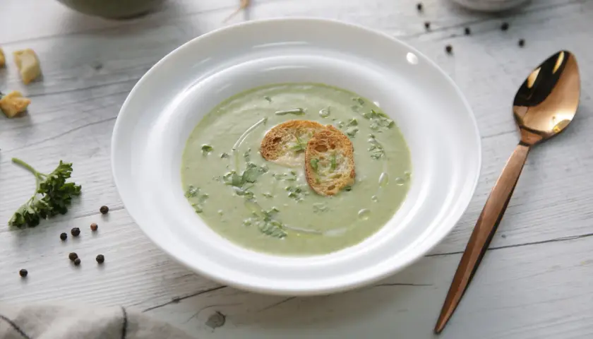 Un cremoso pure de verduras, decorado con tostadas crujientes y perejil fresco. Un plato ligero y saludable.