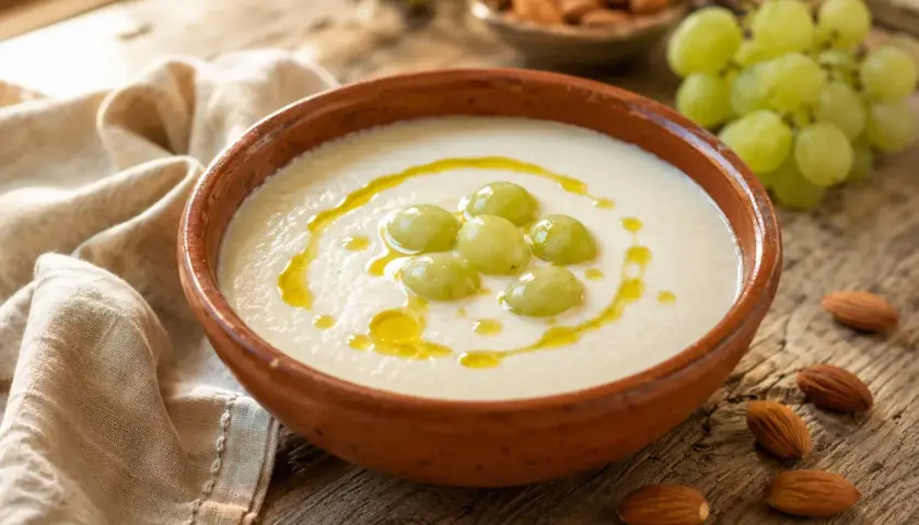 A bowl of ajoblanco malagueño, garnished with grapes and olive oil, sits on a rustic wooden table with almonds scattered around.