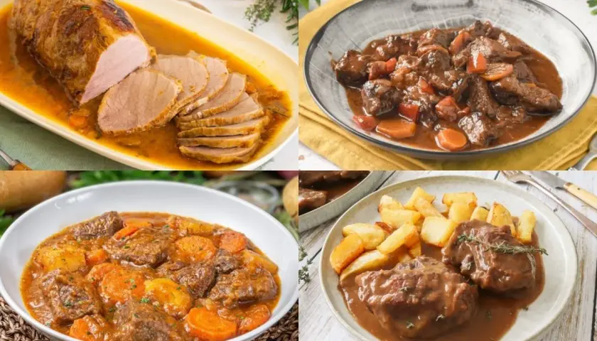 Cuatro platos de carnes italianas: asado de cerdo en salsa, estofado de ternera con zanahorias, guiso de carne con patatas y zanahorias, y medallones de ternera con patatas fritas.