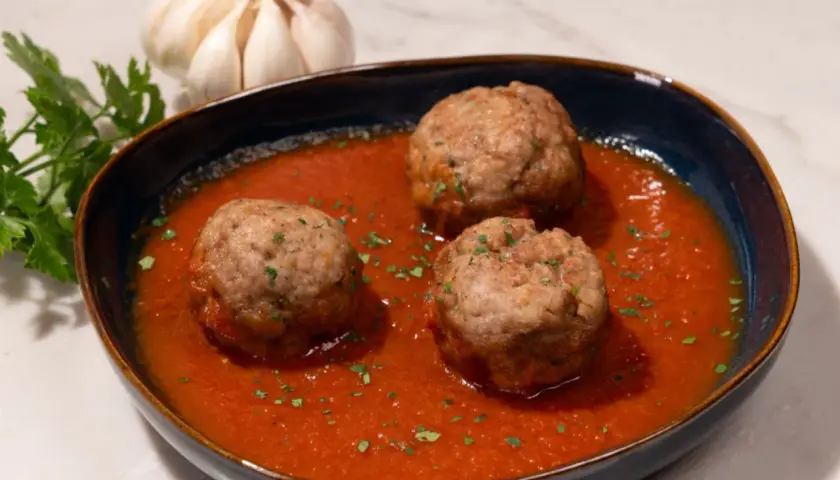 Tres albóndigas con tomate caseras, adornadas con perejil picado, junto a un ajo y perejil fresco.