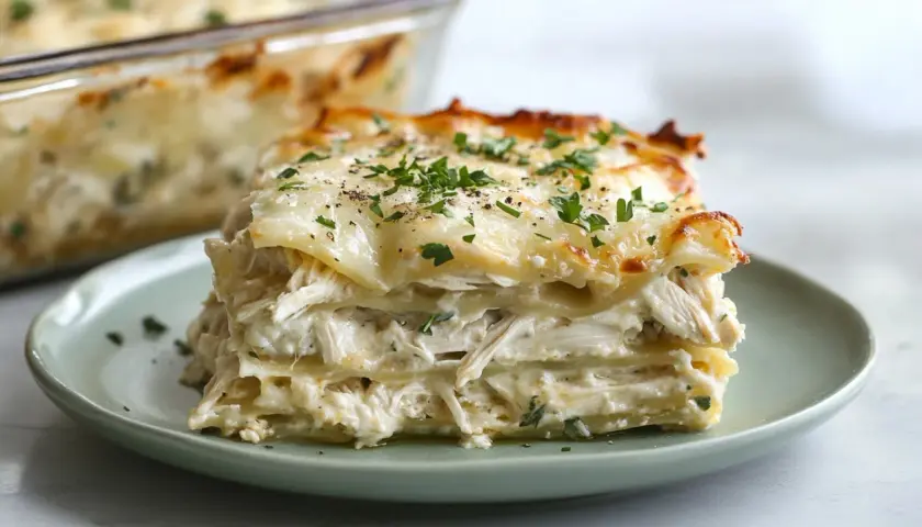 Porción de lasaña de pollo cremosa, con capas de pasta, pollo deshebrado y queso derretido, espolvoreada con perejil fresco.