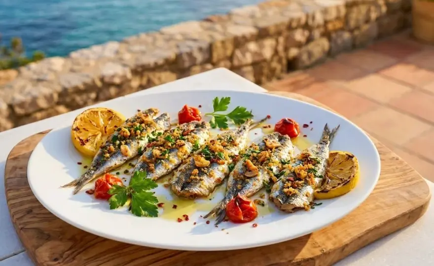 Boquerones al horno jugosos con ajo, perejil y limón