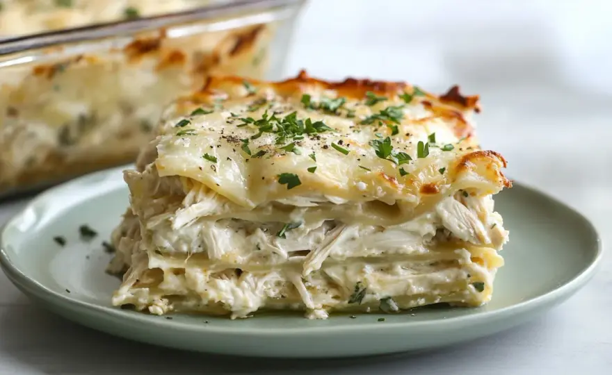 Lasaña de pollo cremosa con bechamel y queso gratinado