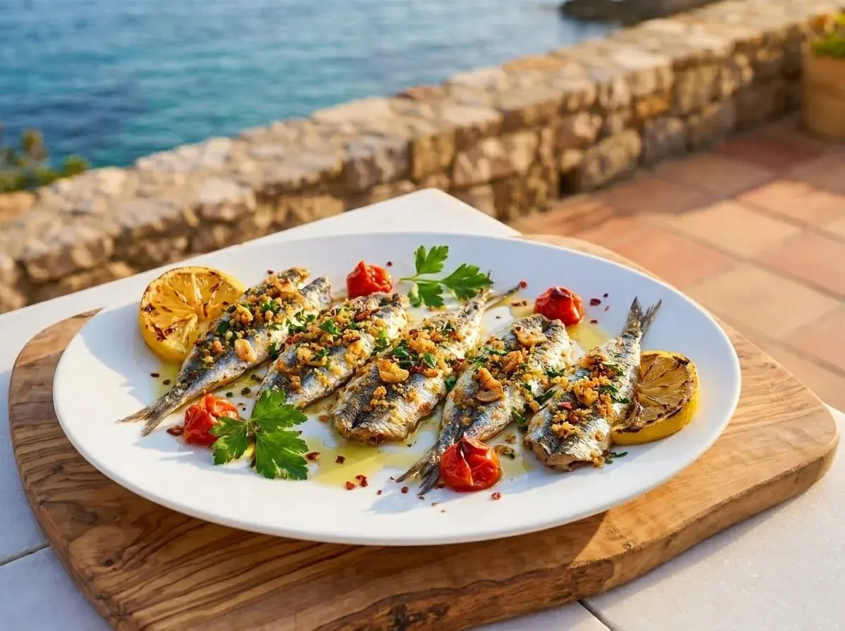 Deliciosos boquerones al horno, servidos con limón, tomates cherry y perejil, con el mar de fondo.