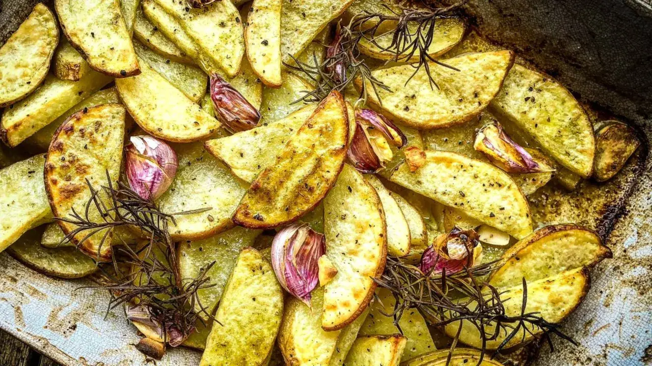 Patatas rústicas asadas con ajo y romero, doradas y crujientes en una bandeja.