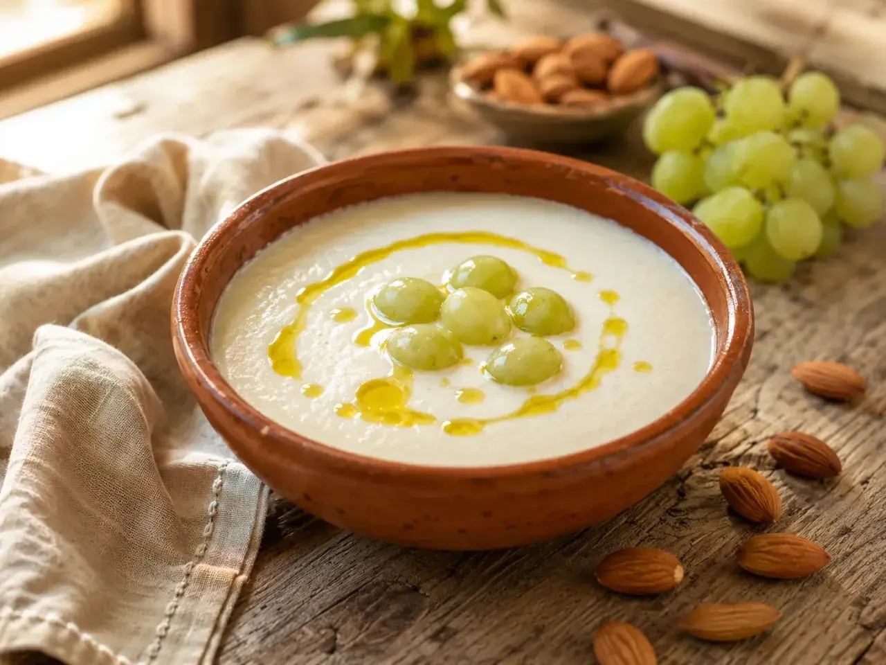 A bowl of ajoblanco malagueño, garnished with grapes and olive oil, sits on a rustic wooden table with almonds scattered around.