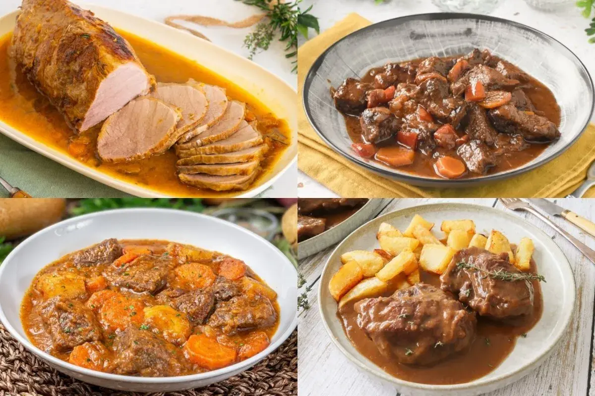 Cuatro platos de carnes italianas: asado de cerdo en salsa, estofado de ternera con zanahorias, guiso de carne con patatas y zanahorias, y medallones de ternera con patatas fritas.