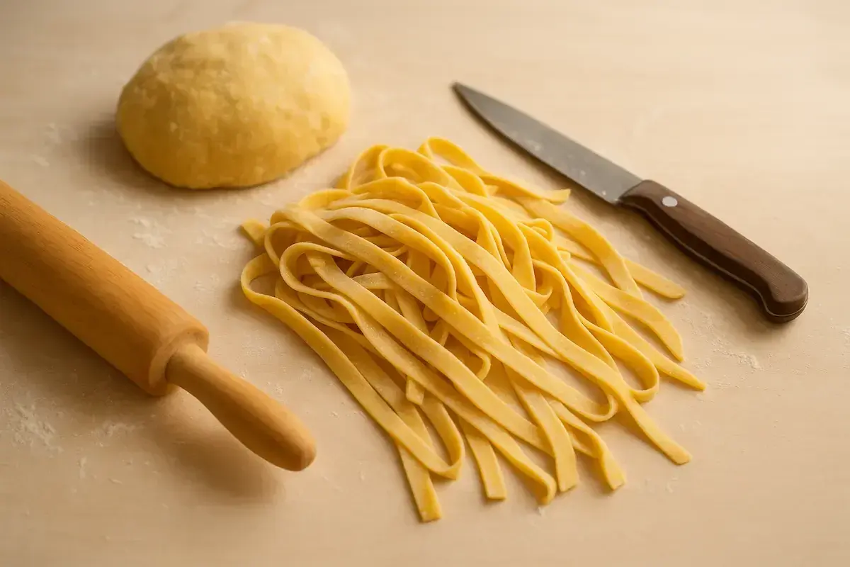 Masa de harina lista para hacer pasta fresca, junto a un rodillo y un cuchillo.
