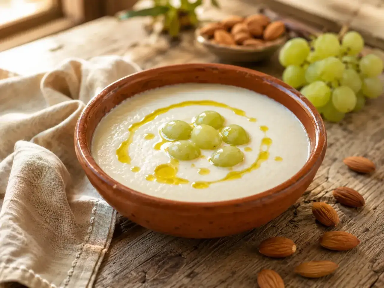 A bowl of ajoblanco malagueño, garnished with grapes and olive oil, sits on a rustic wooden table with almonds scattered around.