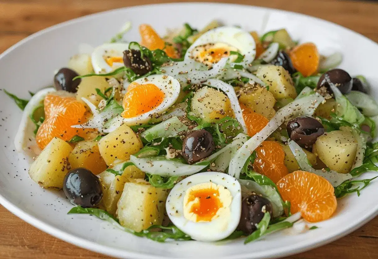 Ensalada malagueña con patatas, huevo duro, aceitunas negras, gajos de mandarina y hinojo.