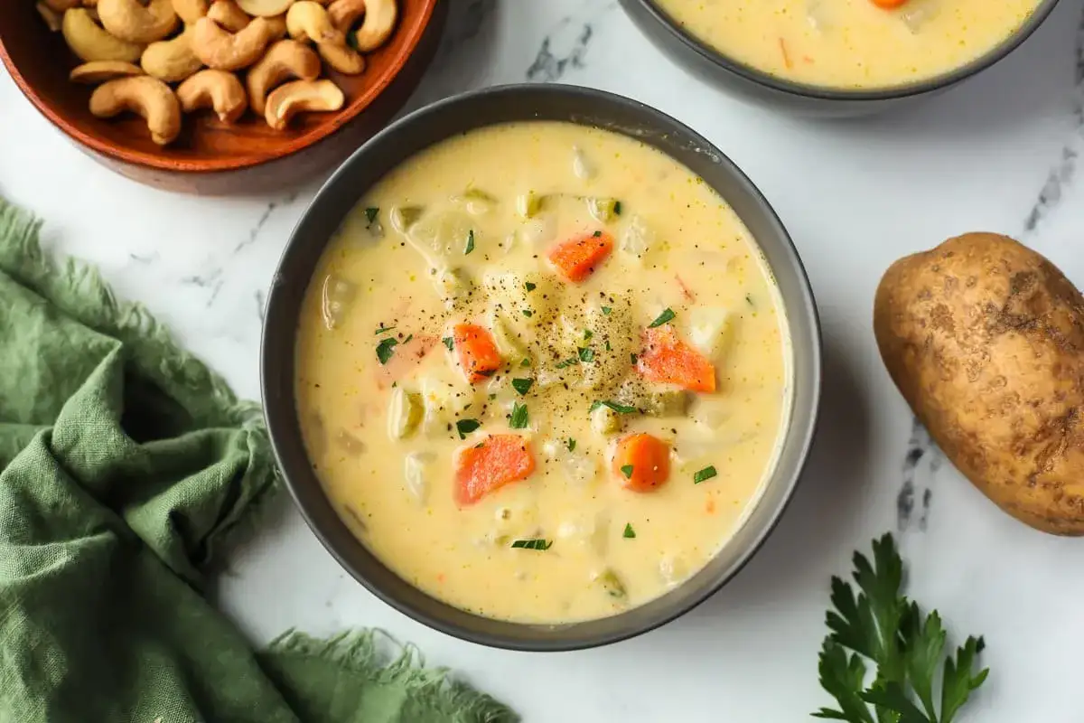 Crema de zanahoria y patata sin nata, con trozos de vegetales y perejil picado. Al lado, anacardos y una patata.