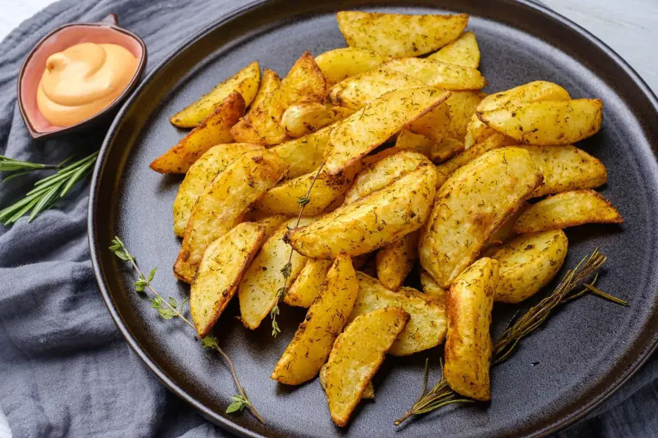 Papas al horno crujientes, doradas y sazonadas con hierbas, servidas en plato oscuro con dip cremoso y romero.