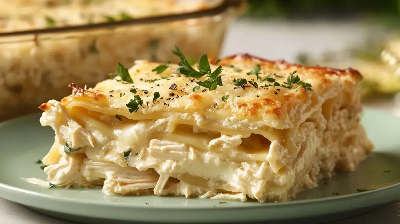 Porción de lasaña de pollo cremosa, con capas de pasta, pollo deshebrado y queso derretido, decorada con perejil fresco. ¡Una deliciosa receta de lasaña de pollo!