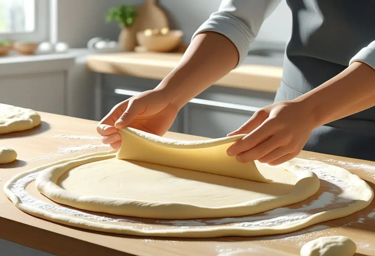 Manos estirando masa de pizza sobre una mesa de madera. Se ve el borde levantado y la textura suave.