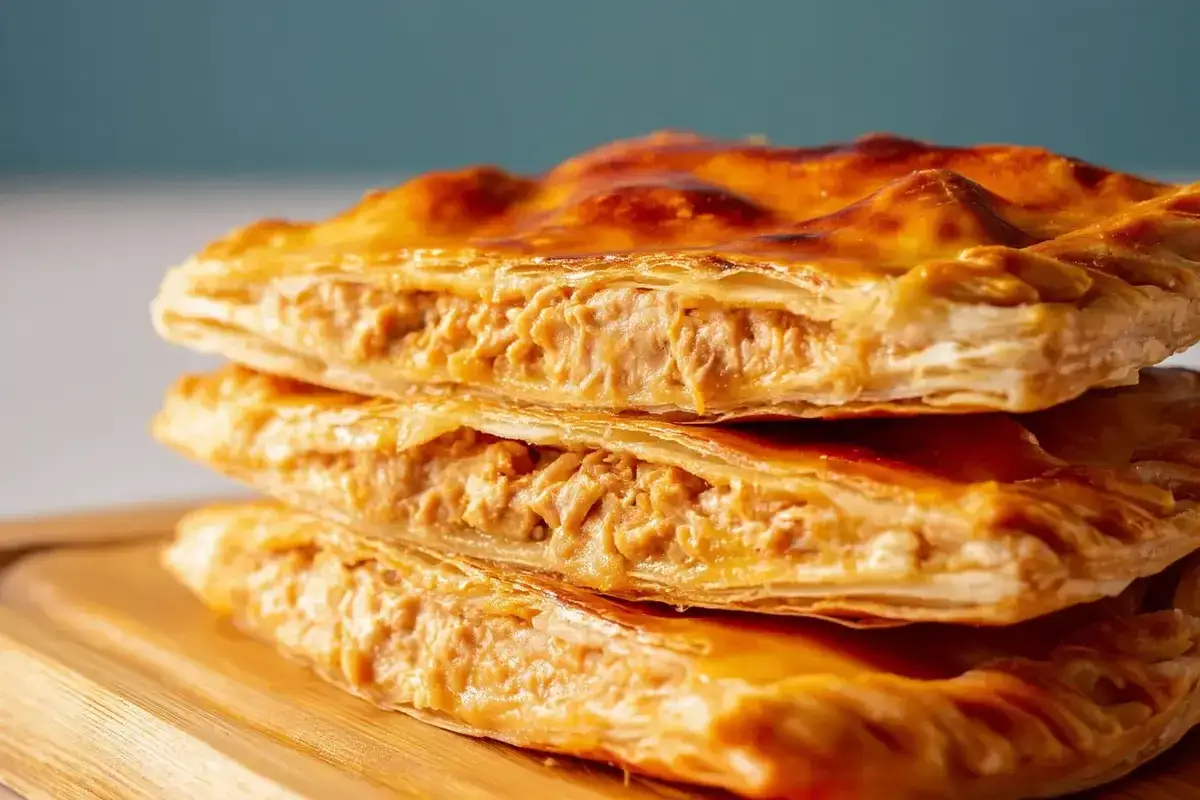 Empanada de atún dorada y crujiente, apilada en tres capas, mostrando su relleno jugoso.