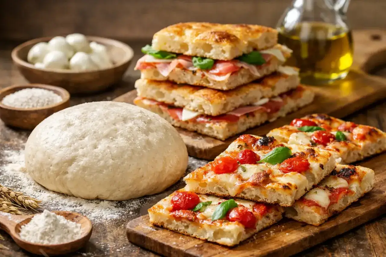 Masa de pizza casera lista para hornear, junto a focaccias rellenas y porciones de pizza con tomate y mozzarella.