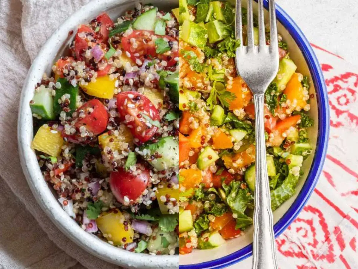 Ensalada de quinoa vibrante con tomates, pepino, pimientos y hierbas frescas. Un plato saludable y lleno de color.