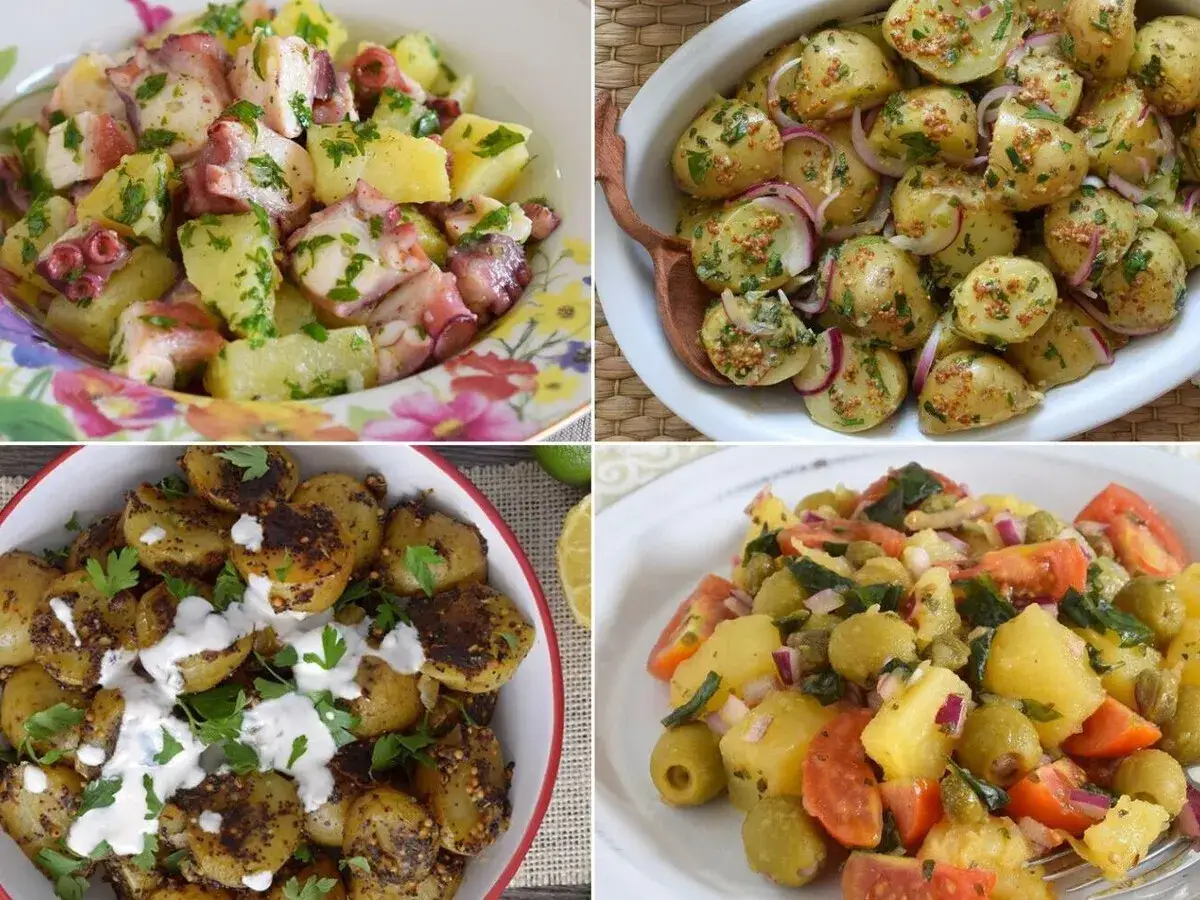 Cuatro ensaladas de patata: con pulpo, con cebolla morada y mostaza, asada con aliño cremoso y con aceitunas y tomate.
