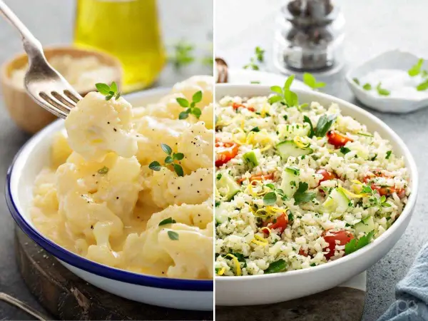 Dos deliciosas recetas con coliflor: cremosa y gratinada, y fresca ensalada de "arroz" de coliflor con verduras.